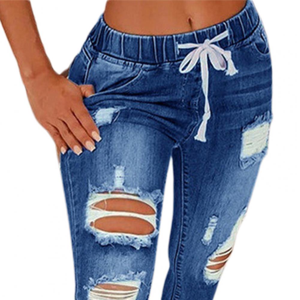 Womens Stretch Skinny Ripped Hole Washed Denim mom Jeans Female Slim Jeggings High Waist Pencil Pants Trousers