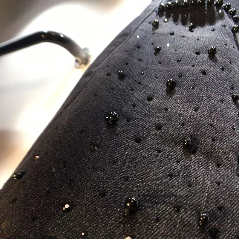 European Black Lace Denim Pants, 2025 Summer New Heavy Industry Beads Hot Diamond Denim Splicing Crochet Hollow Lace Jeans Women