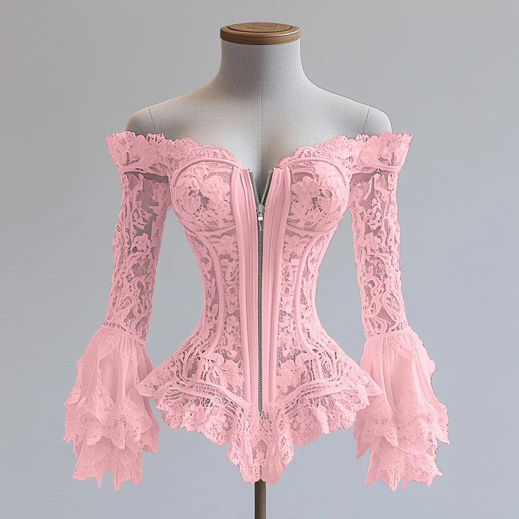 Off Shoulder Lace Blouse for Women Flare Sleeve Zipper Fly Solid Elegant Chic Sexy Hollow Out Long Sleeve Tops Irregular Hem Top