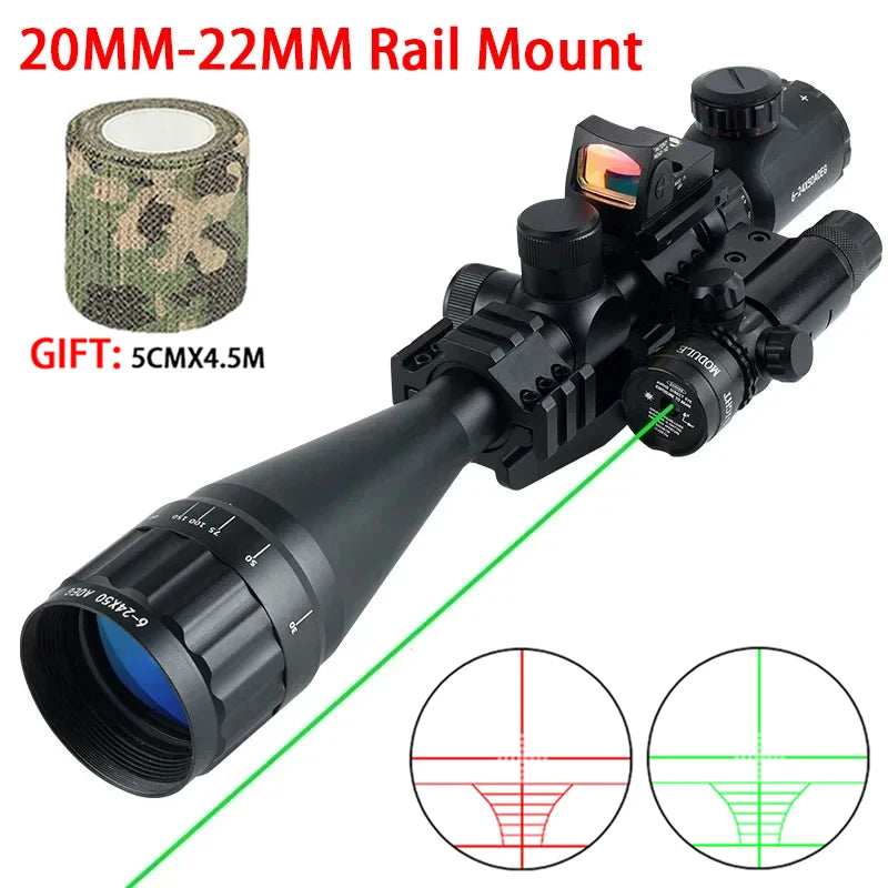Tactical 6-24x50 AOEG Optical Sight Long Range Rifle Scope with Red Green Dot Laser Combo Riflescope Hunting Airsoft Scopes