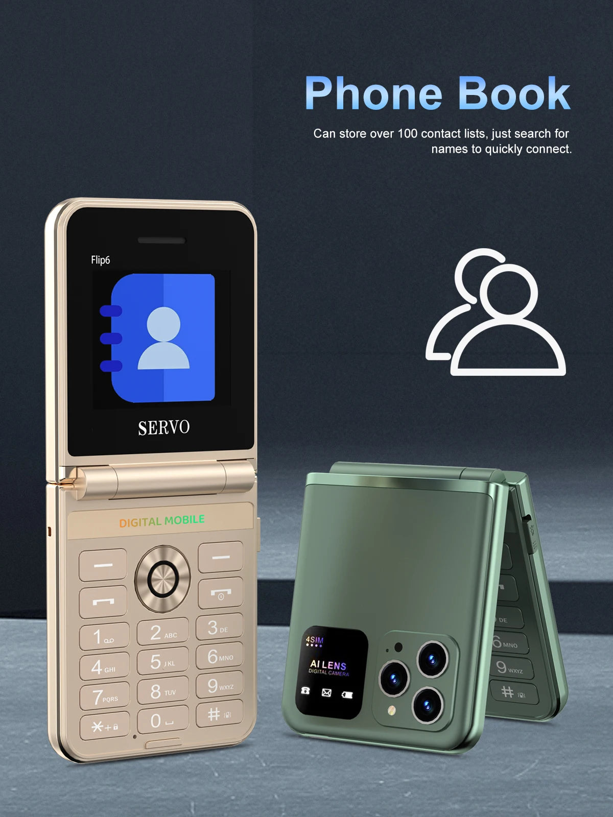 SERVO Flip6 GSM Fold Mobile Phone 4 SIM Card 2.4'' Screen Auto Call Record Button Torch Speed Dial Magic Voice Popular Cellphone