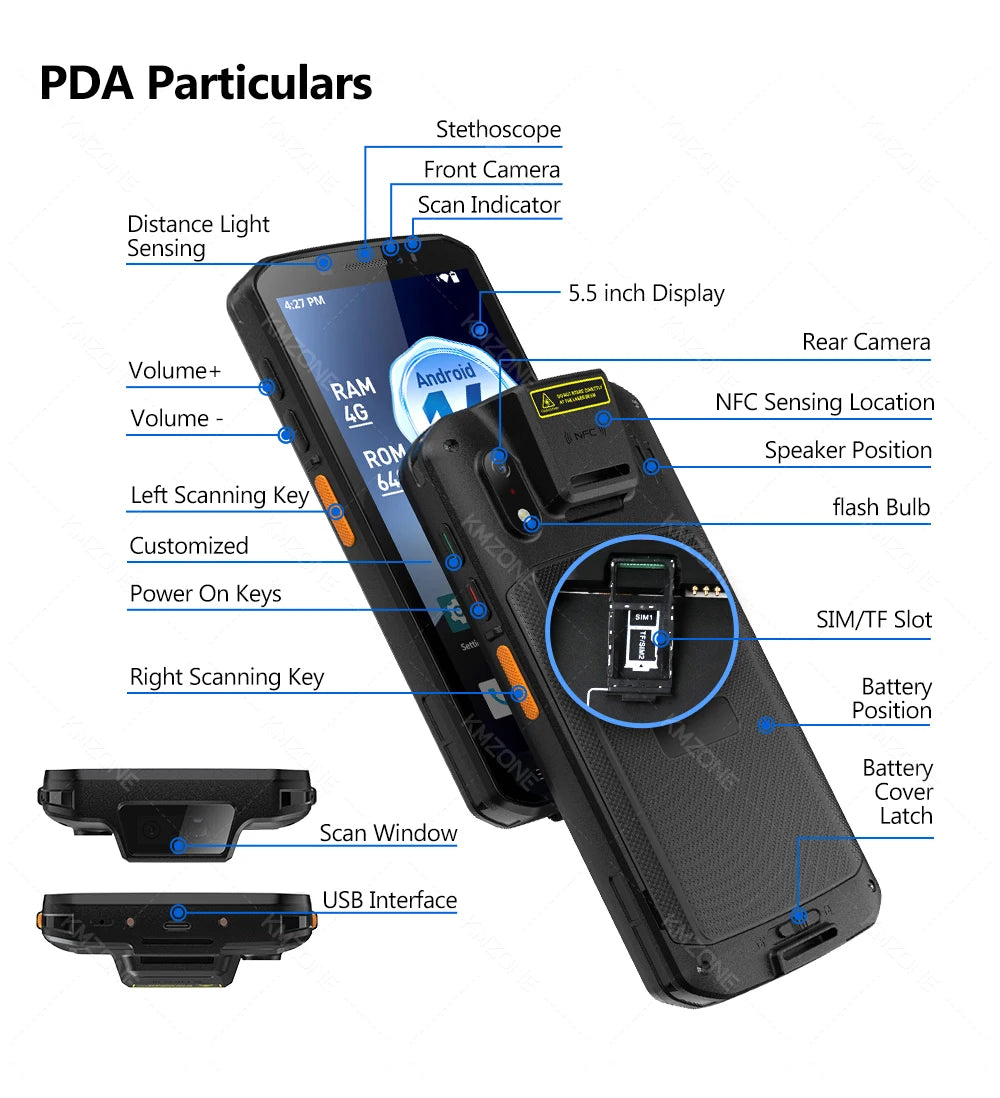 MTK6765 PDA Terminal Android 14 with NFC 4G64G Wifi GPS 1D 2D QR Barcode Scanner Reader Data Collector Mobile Warehouse device