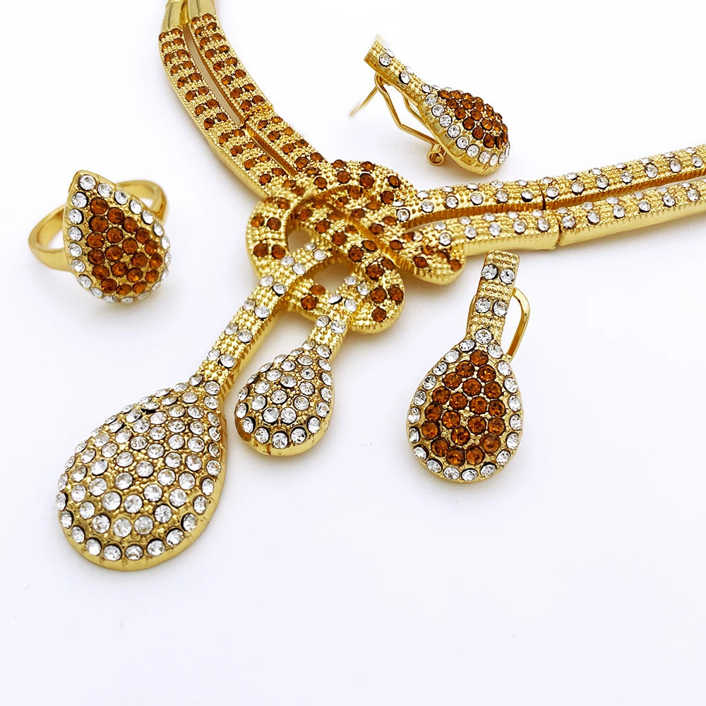 Dubai Gold Color Women Jewelry Sets Classic Design Necklace Earrings Charm Bracelet Ring  Banquet Party Jewelry 18K Gold Plated