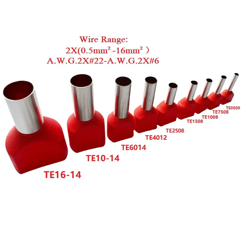 100PCS 2x(0.5mm²~16mm²) Dual Wires Copper Insulated Ferrules Cord End Crimp Terminal Electrical Cable Lug TE2508 AWG 2X(#22-#6)