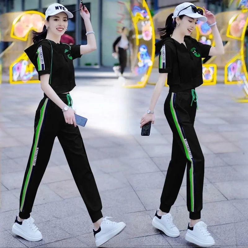 Women's Fashion Tracksuit Spring And Autumn New Casual Suit Short Sleeve Hooded Top Pants Two Piece Set For Women Loose Clothes