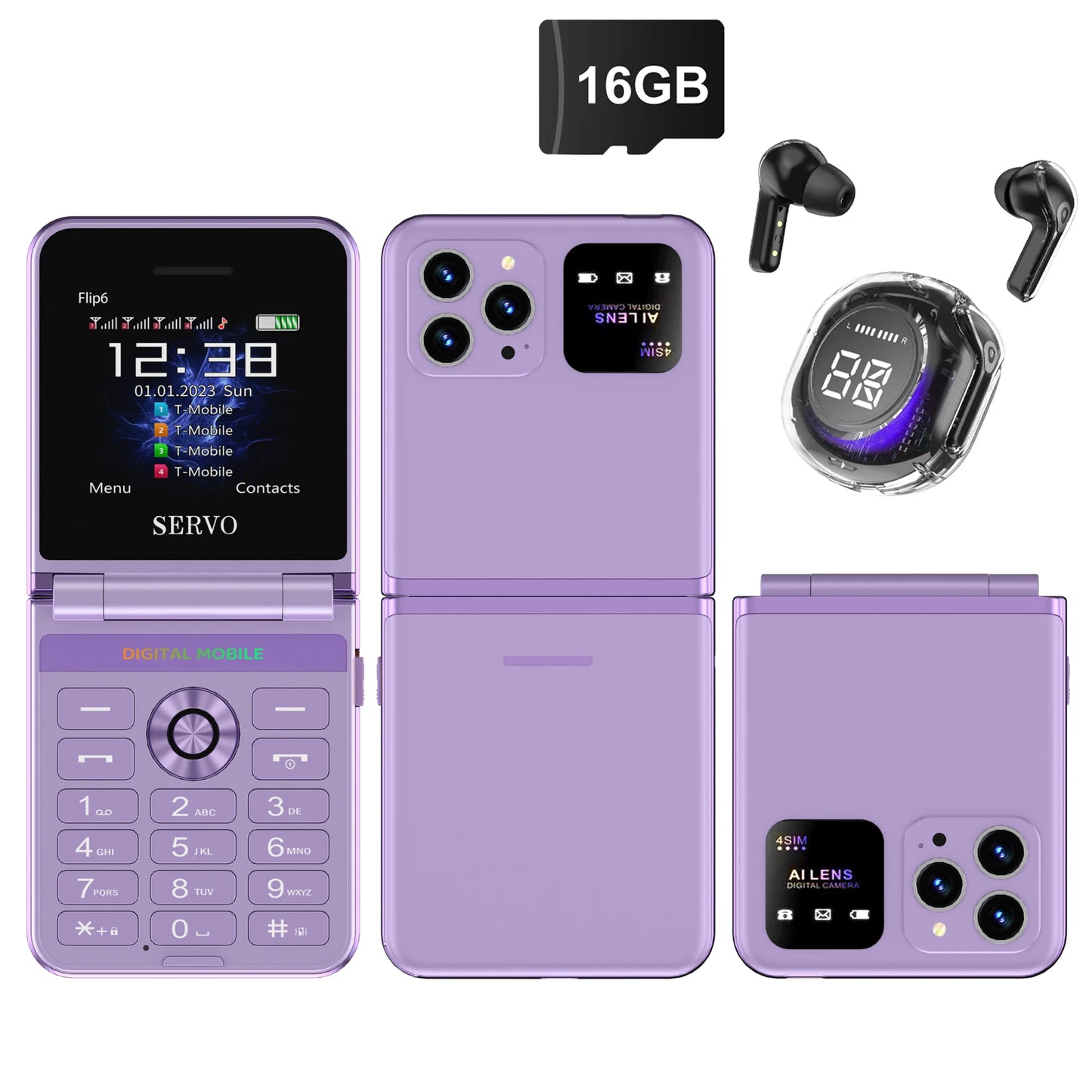 SERVO Flip6 GSM Fold Mobile Phone 4 SIM Card 2.4'' Screen Auto Call Record Button Torch Speed Dial Magic Voice Popular Cellphone