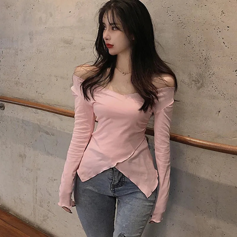 Autumn Women Sexy Slim V neck T-shirt Long Sleeve Solid Color Off Shoulder Korean Sweet Tee Tops Basic Tshirt