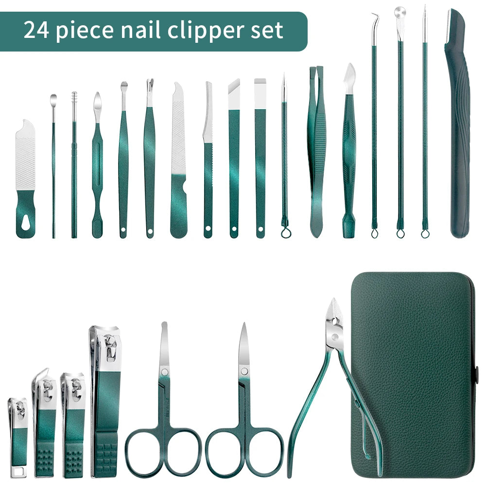 Green 7/13/24 pcs Stainless Steel Nail Cutter and Pedicure Scissors Set - Portable Manicure and Pedicure Tool Nail Clipper Set