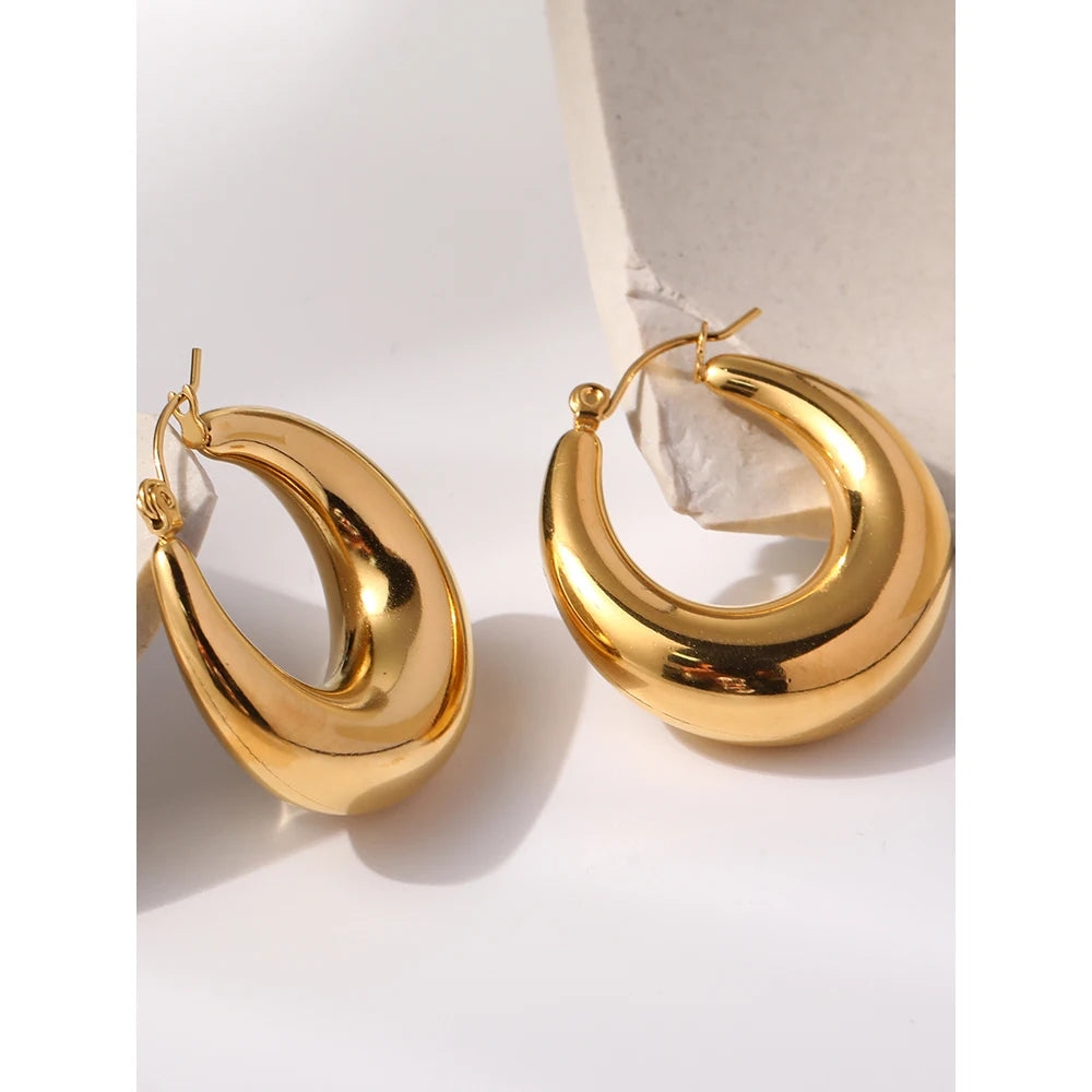 YACHAN 18K Gold Plated Smooth Stainless Steel Hoop Earrings for Women Trendy Hollow Punk Metal Jewelry Waterproof