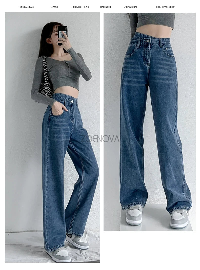 ZOENOVA Y2K 2023 Women Clothing Cross Waist Straight Wide Leg Pants Chic Korean Casual Commuting Style Baggy Streetwear Jeans