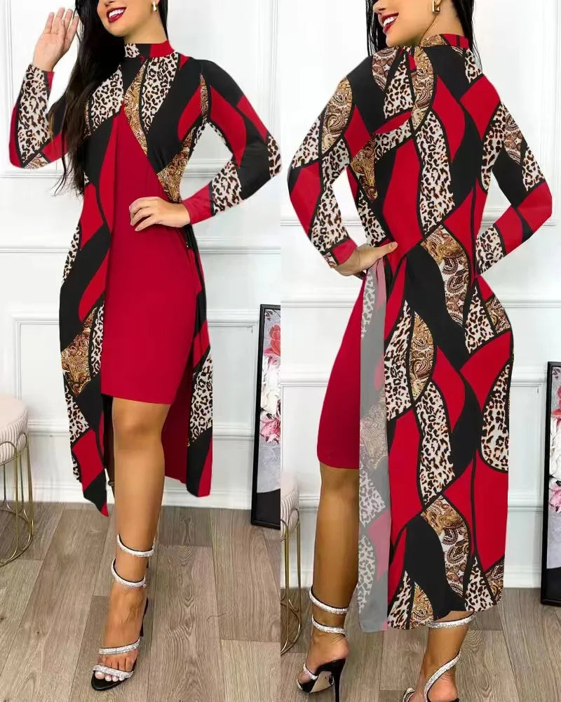 Two Piece Set Women Print Dresses Sets Full Sleeve Half High Collar Split Cardigan Dress Suits Elegant A Line Office Lady