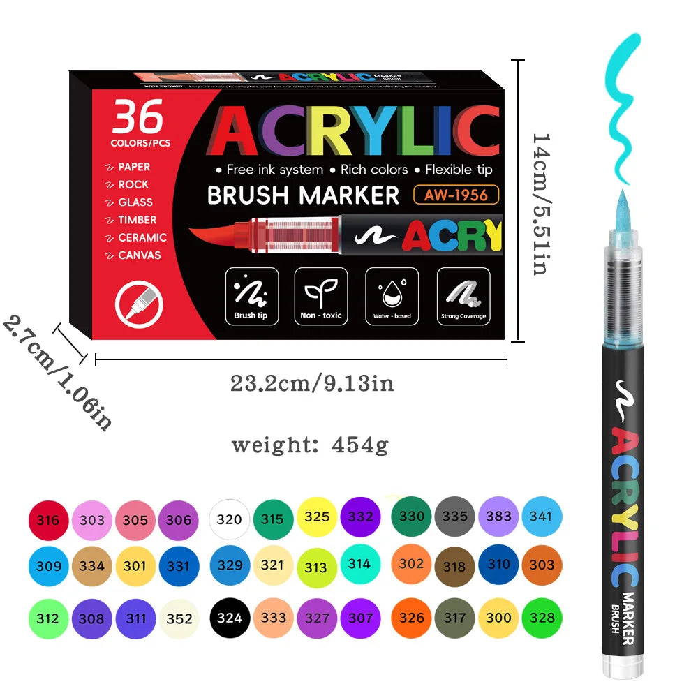 12/24/36/48 Color Acrylic Paint Pen Markers Brush Tip Paint Marker For Rock Painting Wood Canvas Stone, Christmas Gift DIY Craft
