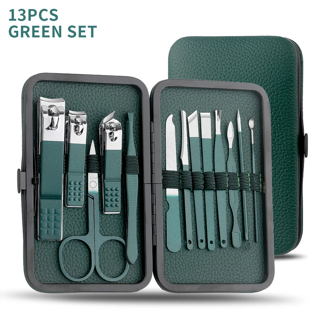Green 7/13/24 pcs Stainless Steel Nail Cutter and Pedicure Scissors Set - Portable Manicure and Pedicure Tool Nail Clipper Set