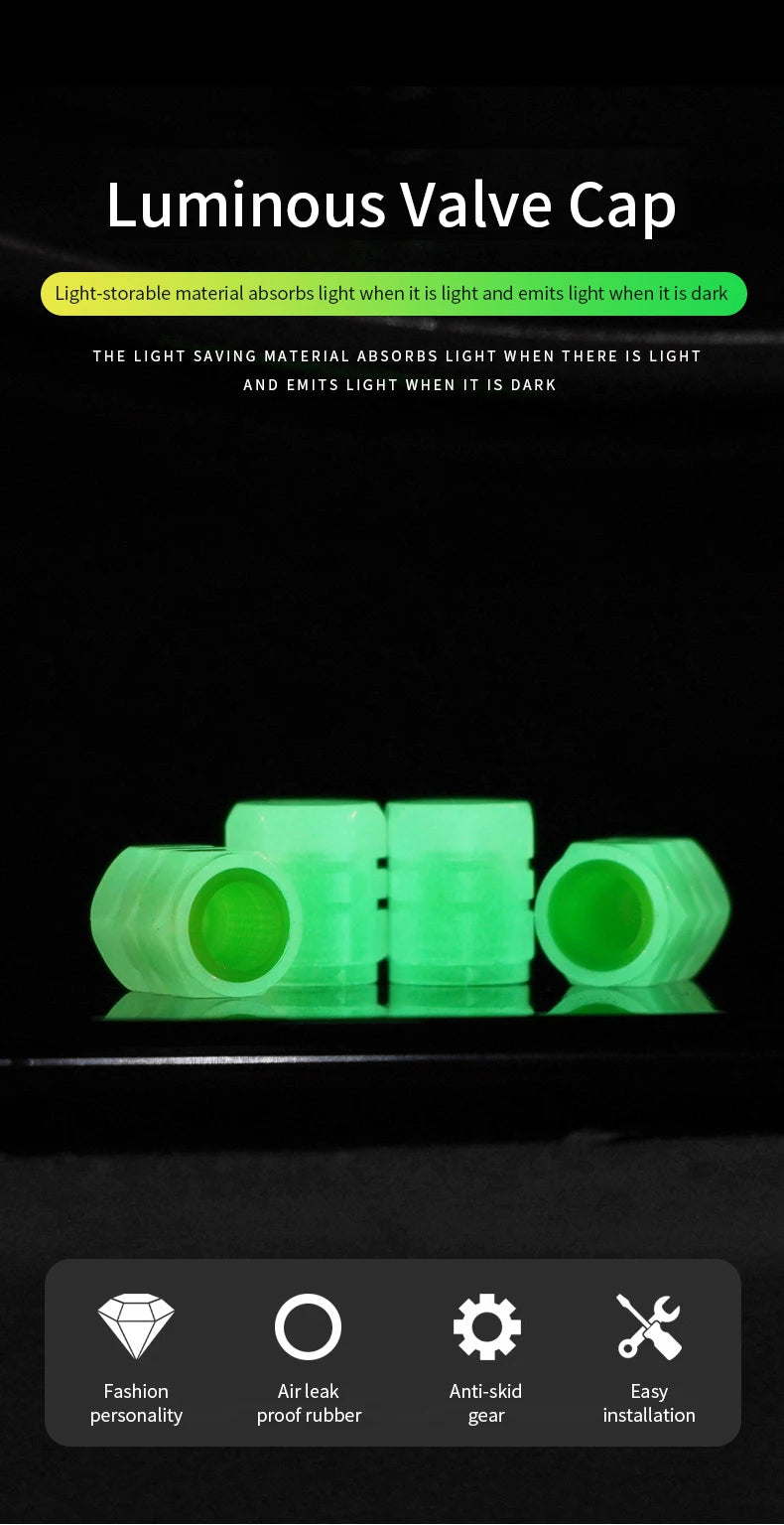 4pcs Luminous Valve Caps Fluorescent Night Glowing Car Motorcycle Bicycle Bike Wheel Tyre Hub Luminous Valve Stem Caps Decors