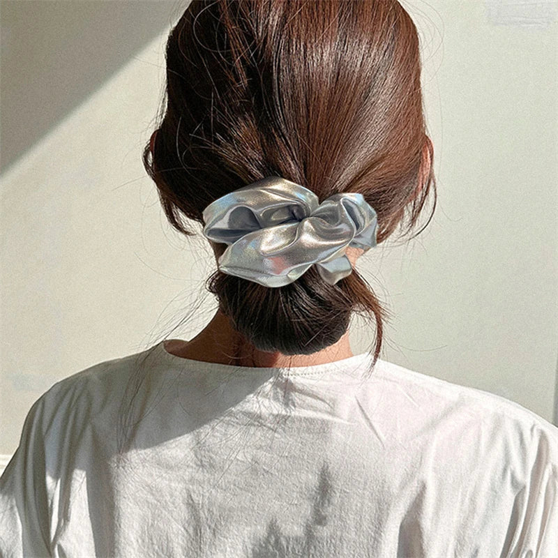 Silver Leather Large Intestine Hair Band Y2k Punk Personality Scrunchies Headwear High Ponytail Hair Band Hair Accessories New