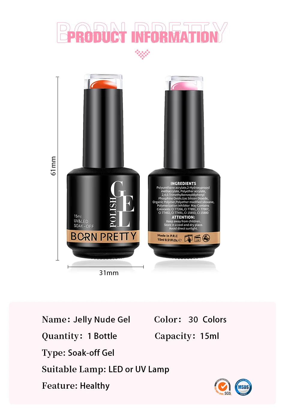 BORN PRETTY 15ML Jelly Purple Nail Gel Polish Transparent Colorful Translucent Pink Semi Permanent Soak Off Nail Art Gel Varnish