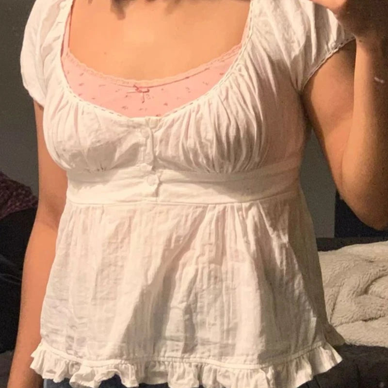 Xingqing Ruffle Top Buttons y2k Kawaii Women Crop Tops Cute E-girl Short Sleeve Tshirt Sweet Fairy Core Clothes Summer 2024 Vest