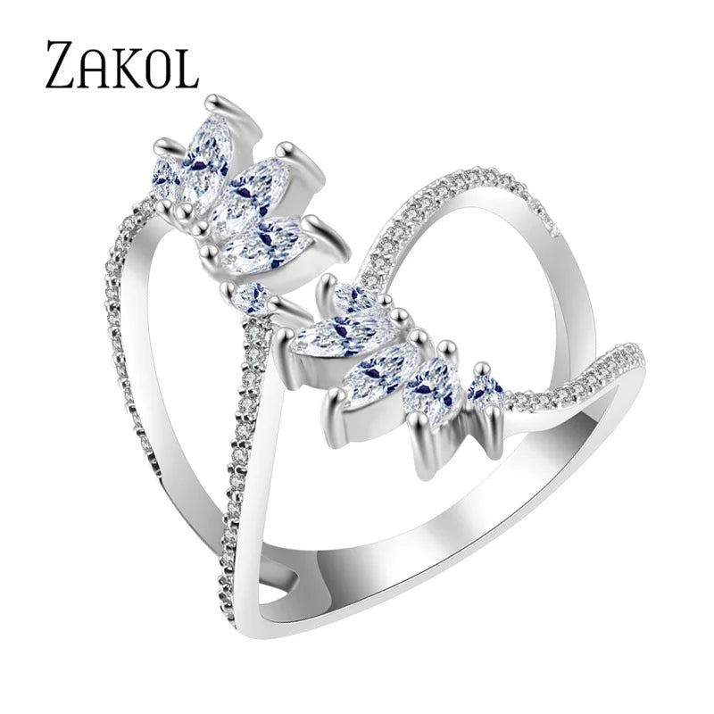 ZAKOL Cute Style White Color CZ Zirconia Leaf Open Rings Geometric Adjustable Ring Jewelry for Women Party Gift RP2015