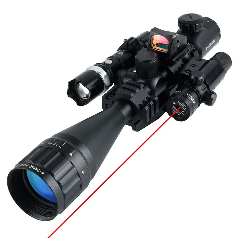 Tactical 6-24x50 AOEG Optical Sight Long Range Rifle Scope with Red Green Dot Laser Combo Riflescope Hunting Airsoft Scopes