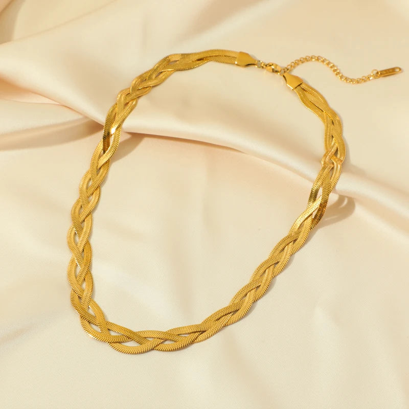 EILIECK 316L Stainless Steel Gold Color 3 Chains Crossing Necklace Bracelet for Women Fashion Waterproof Chain Jewelry Set Gift