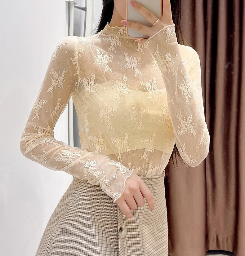 Sexy Mesh Lace See Through T-shirt For Women Korean Tops Long Sleeve Floral Print O Neck Tee Tops Bottoming Blouses Streetwear