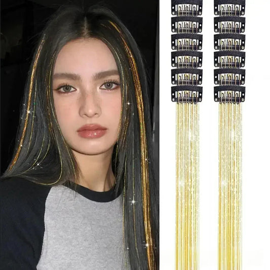 Synthetic Hair Extensions 12 Pieces Laser Gold Wire Shiny Ribbon Silk Straight Hair Wig Pieces Dyed Simulated Hair
