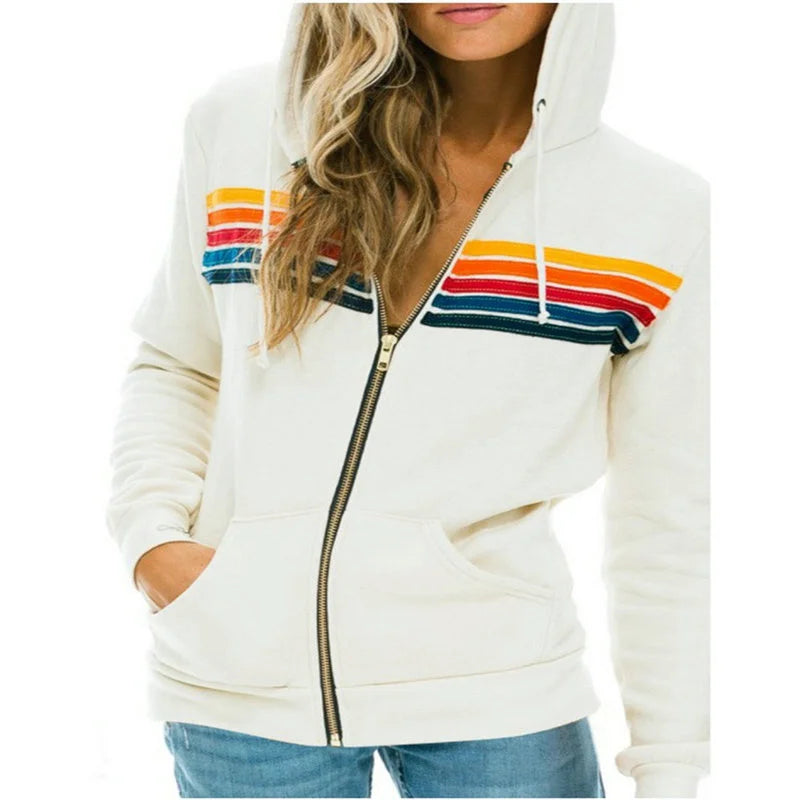 2024 Aviator Nation Women Men Zipper Rainbow Long Sleeve Hooded Sweatershirt Harajuku Elastic Hip Hop 5 Stripe Hoodies Jacket