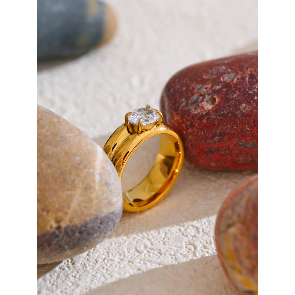 Yhpup 678# Exquisite Stainless Steel Shiny Zirconia Fashion Metal Ring 18K Gold Color PVD Plated High Quality Versatile Jewelry