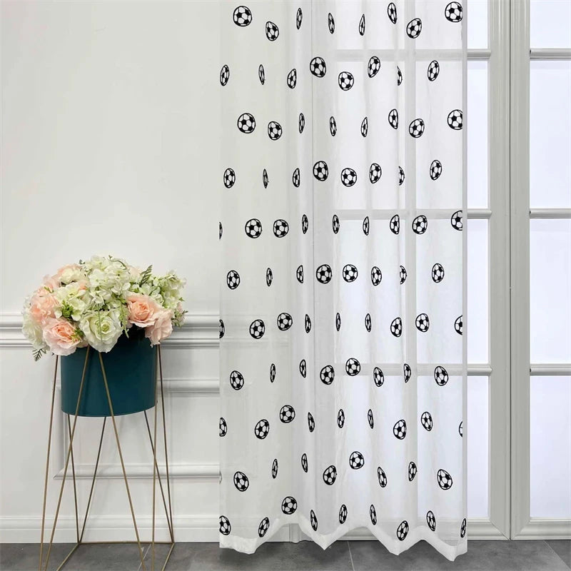 Football Embroidered Curtains, Tulle Curtain for Childrens Room, White Soccer Drapes for Living Room Bedroom Window Decoration