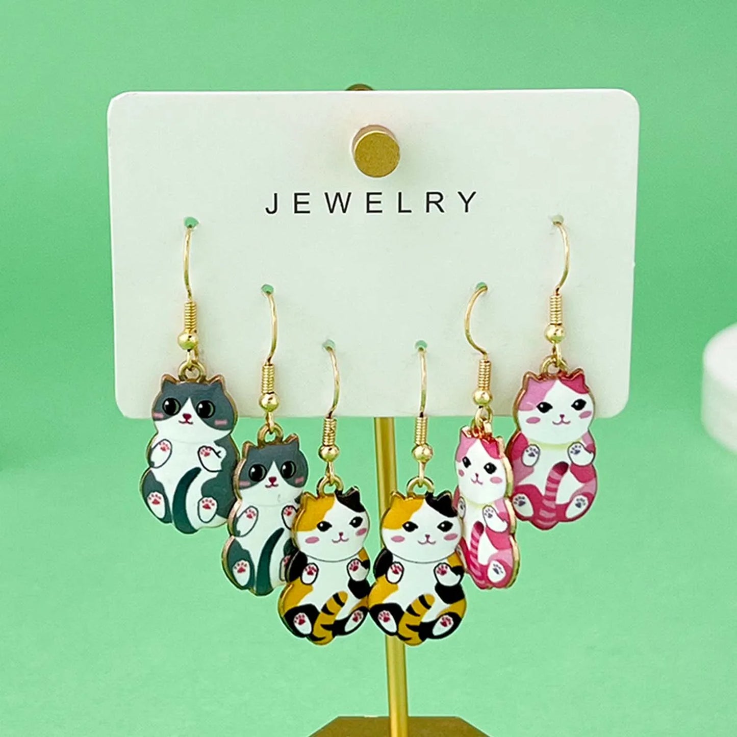 3 Pairs/Set Fashionable Enamel Cartoon Cute Cat Design Earrings, Jewelry Gifts For Women And Girls