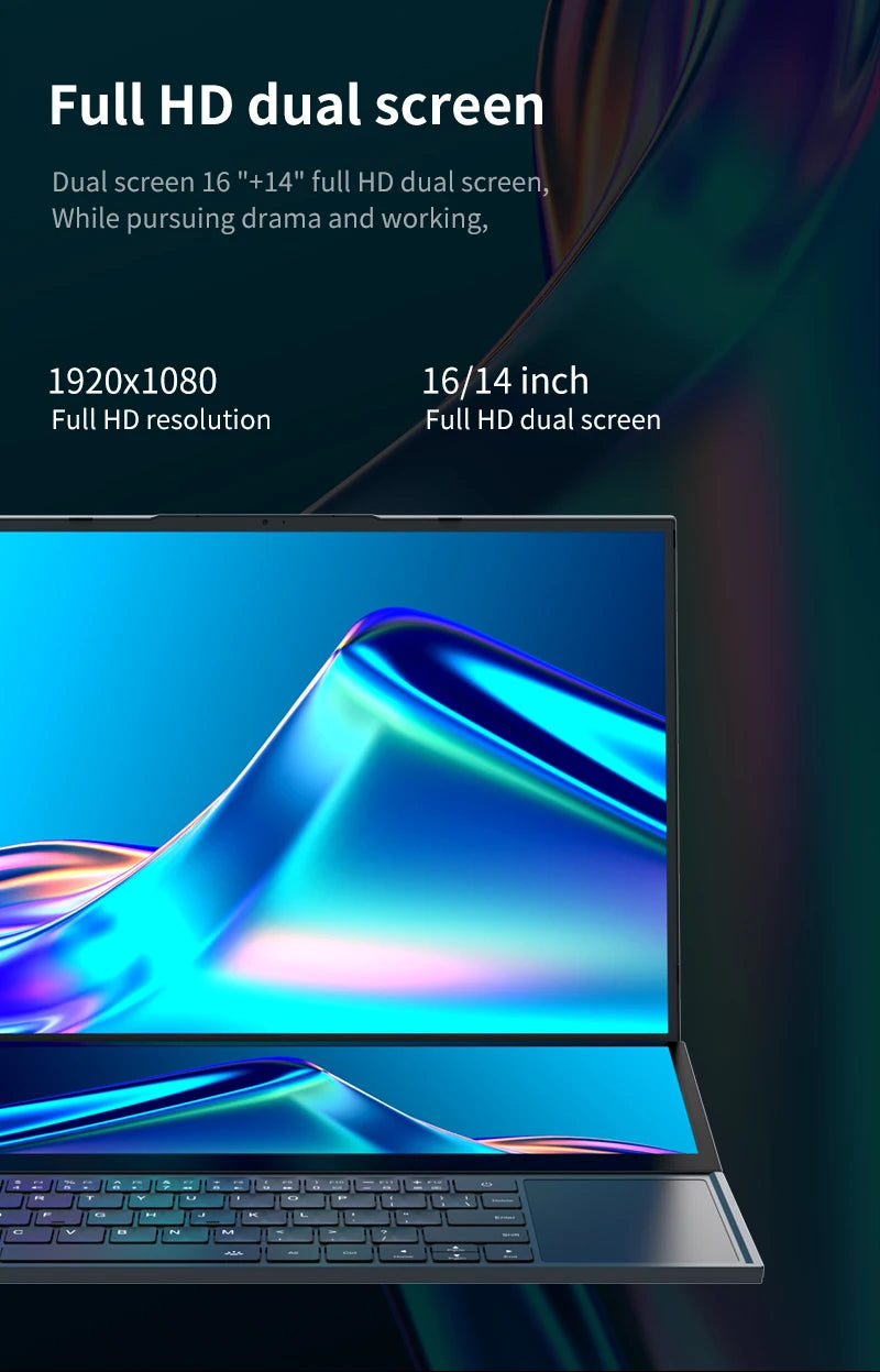 Topton Dual Screen Gaming Laptop 16 Inch IPS + 14'' Touch Intel i9-10885H I7-10750H Max 64GB 4TB Slim Notebook Gamer PC Computer