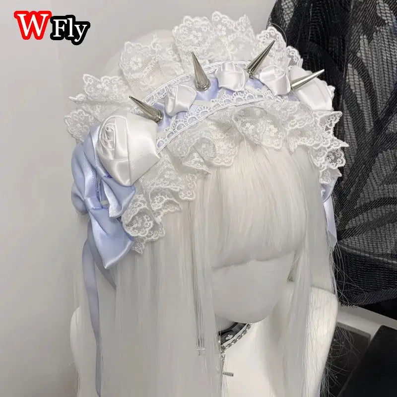 Women's Harajuku Steampunk Y2K Headwear Headband Subculture Lolita Original Handmade Lace Rivets Spicy Girls Gothic HairBands