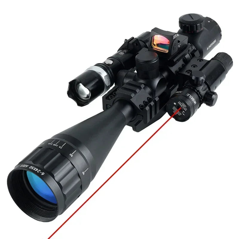 Tactical 6-24x50 AOEG Optical Sight Long Range Rifle Scope with Red Green Dot Laser Combo Riflescope Hunting Airsoft Scopes