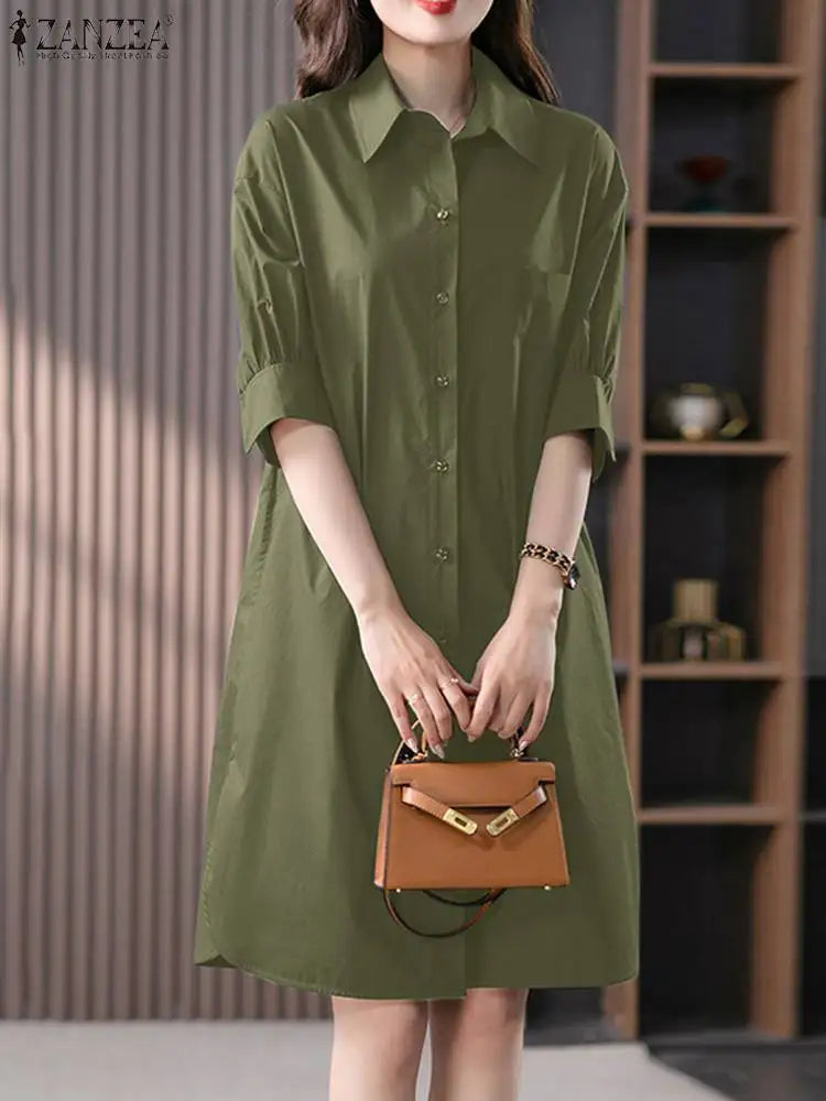 2023 Summer Autumn ZANZEA Women Dress 3/4 Sleeve Button-Up Loose Midi Shirt Dress Casual Party Vestidos OL Work Streetwear