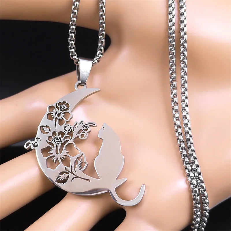 Aesthetic Cat Flower Moon Crescent Necklace for Women Men Stainless Steel Silver Color Bohemia Chain Gift Jewelry collar 3220
