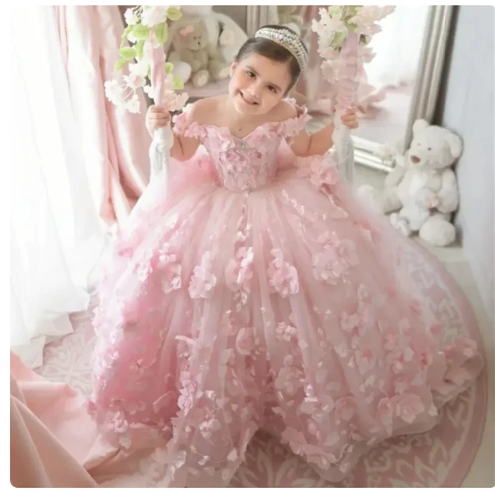 Pink luxury Flower Girl Dresses Tulle Flowers Fluffy trailing For Wedding Birthday Banquet Princess Communion Gowns