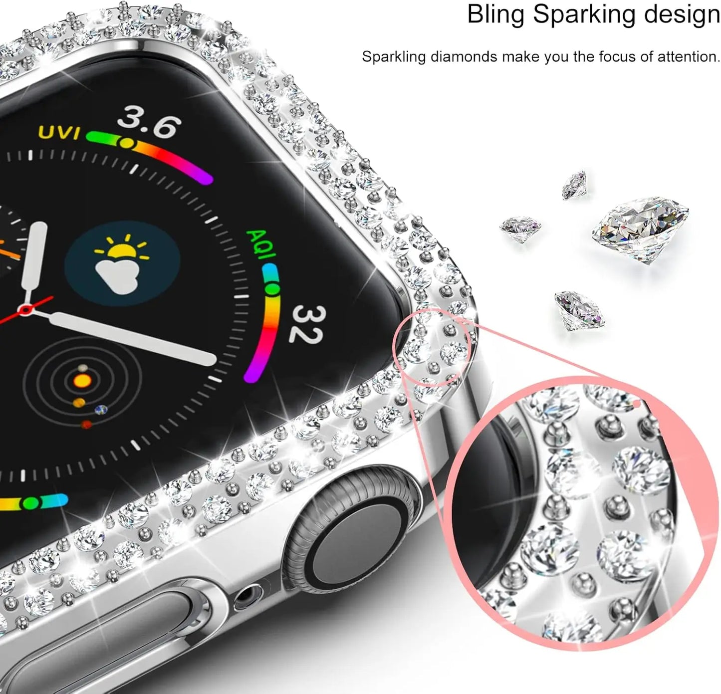 Bling Case for Apple Watch Series 9 8 7 6 5 4 3 2 1 SE(No Screen), Women Glitter Rhinestone Protector Frame.
