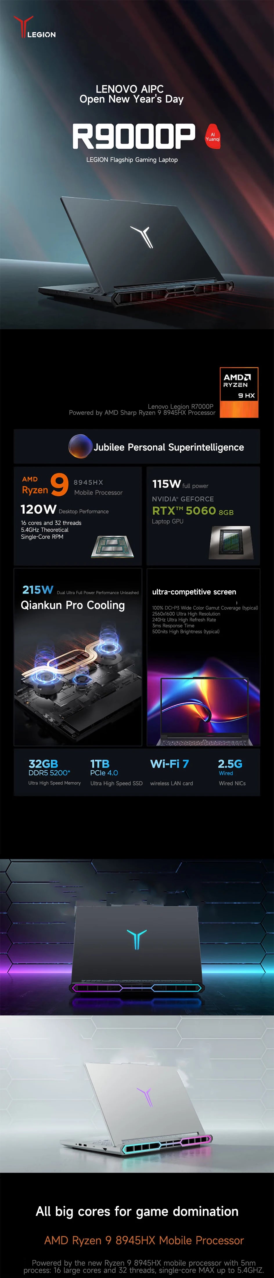 Lenovo Gaming laptop LEGION R9000P 2025 16“ 2.5K 240Hz Screen AMD Ryzen9 8945HX 32G DDR5 1T SSD RTX5060/RTX5070 computer PC