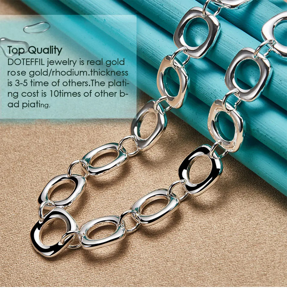 DOTEFFIL 925 Sterling Silver Square Round Chain Necklace For Women Man Charm Wedding Engagement Party Fashion Jewelry