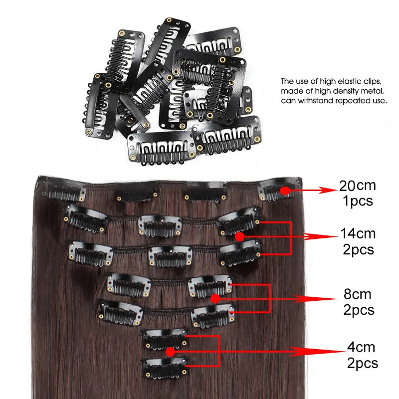 16 clips Synthetic Long Straight Hair Extensions Clips in Hair Black Brown 7Pcs/set Hairpiece for Women