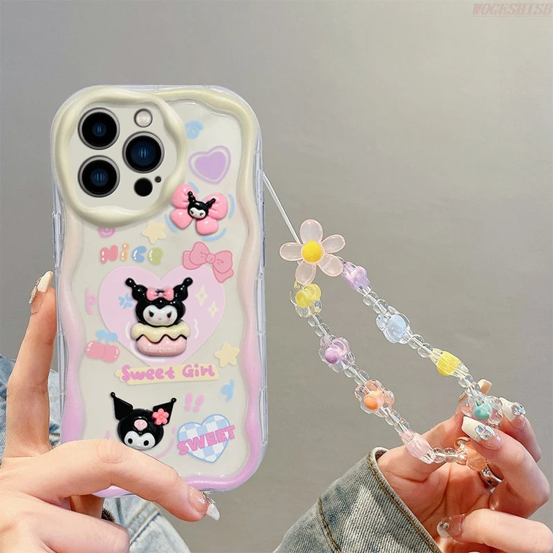 Kuromi Rabbit Phone Case For Samsung Galaxy A10S A71 A72 A73 F04 F12 F54 M04 M12 M22 M32 M54 5G Flowers Wrist Strap Curly Cover