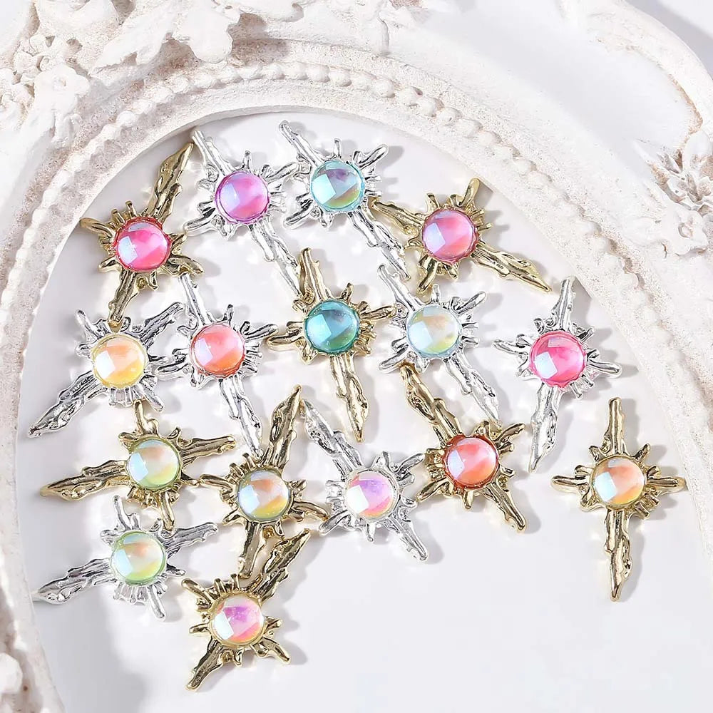 10pcs Round Zircon Nail Rhinestones 3D Candy Jelly Aurora Gem On Tips Gold/Silver Cross Nail Decor Parts DIY Luxury Nail Parts