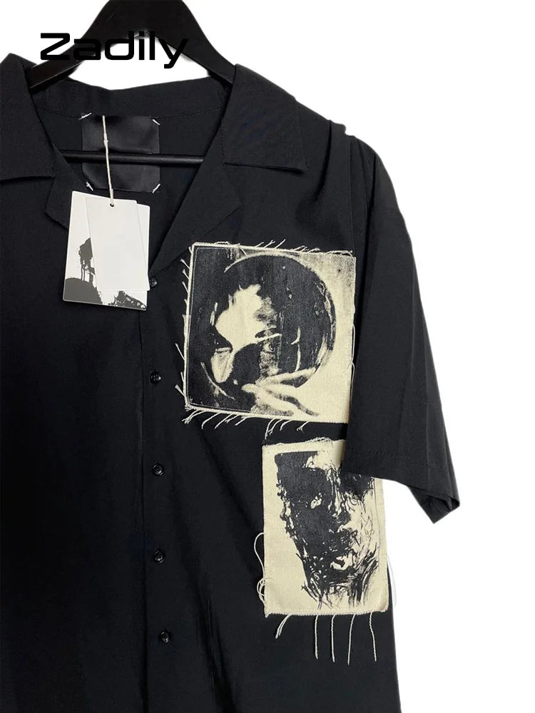 Women's Button Up Loose Blouse, Short Sleeve Shirt, Patch Designs, Tunic, Gothic Streetwear, Female Clothing, Summer, Y2k, 2024
