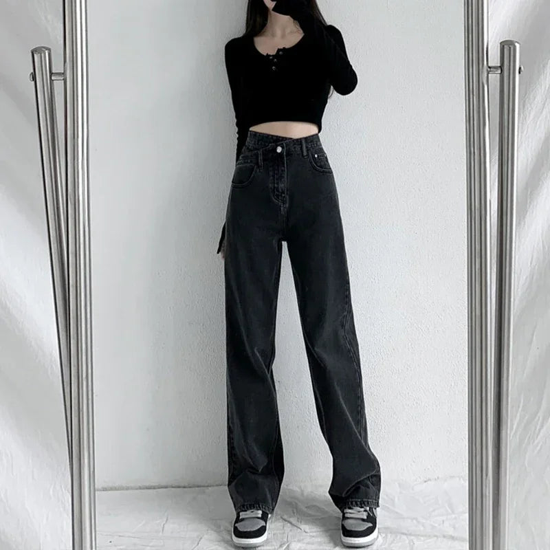 ZOENOVA Y2K 2023 Women Clothing Cross Waist Straight Wide Leg Pants Chic Korean Casual Commuting Style Baggy Streetwear Jeans