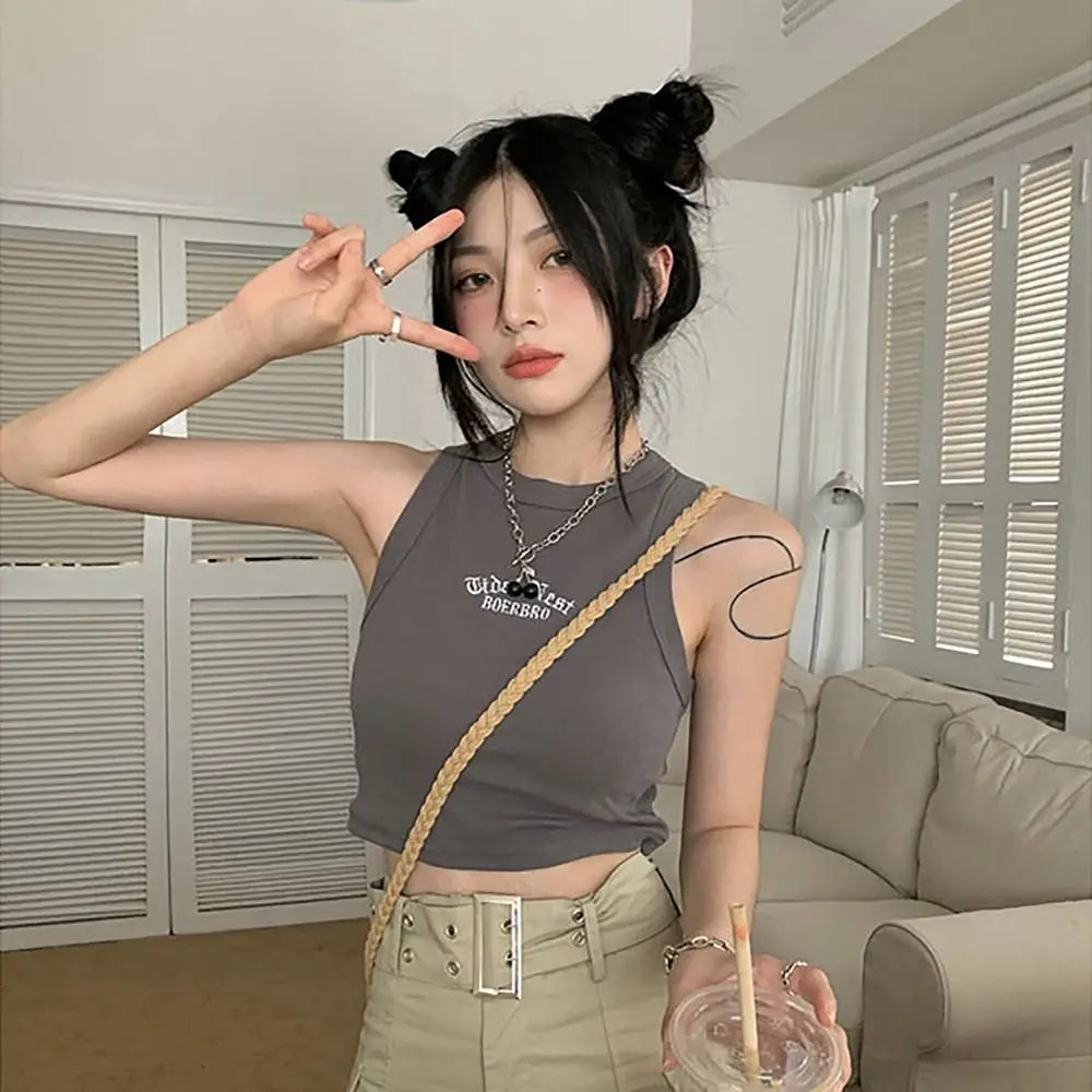 Microelastic Sleeveless Blouse Fashion S M L Slim Version Sports Vest Embroidery Sling Girls Women