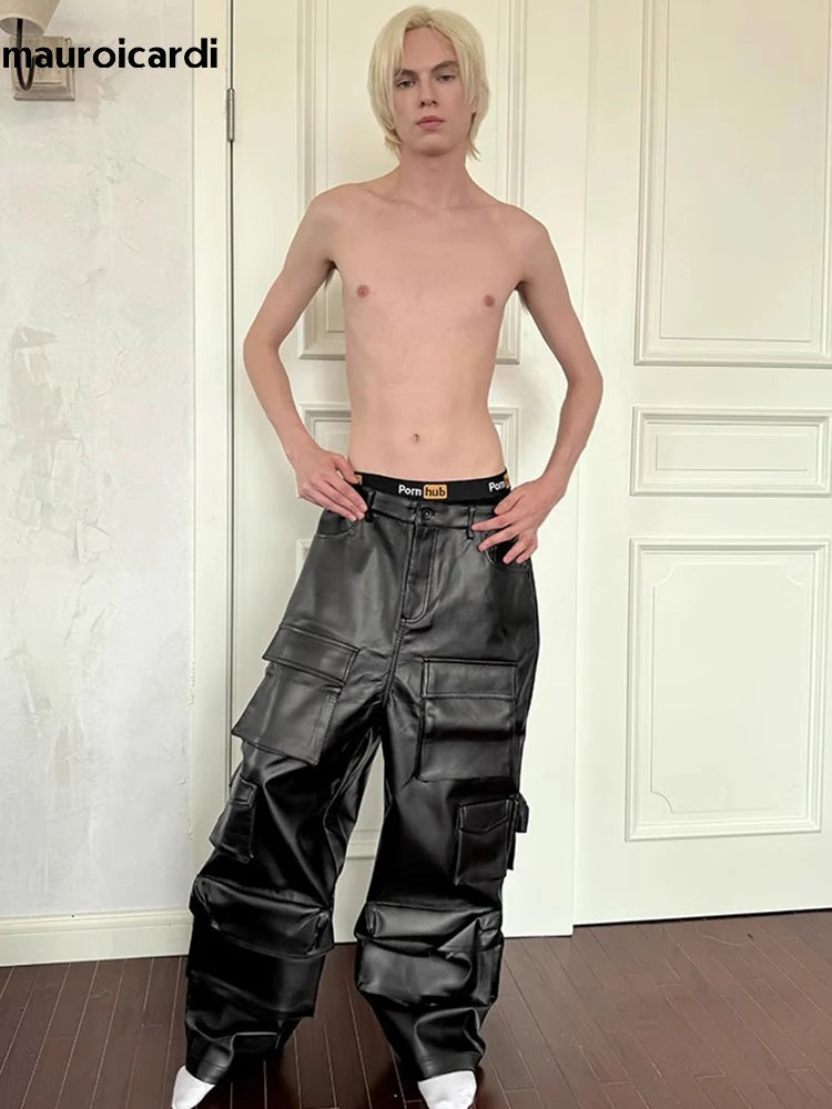 Mauroicardi Autumn Cool Black Pu Leather Straight Cargo Pants for Men Many Three-dimensional Pockets Luxury Designer Clothes