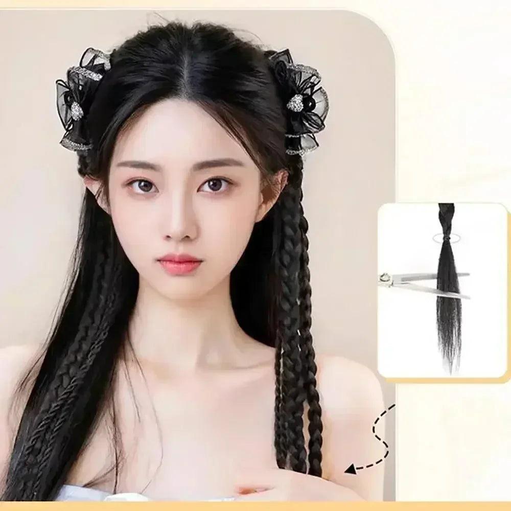 Y2K Girls Bowknot Twisted Braided Synthetic Wig Simulation Double Ponytail Women Extensions