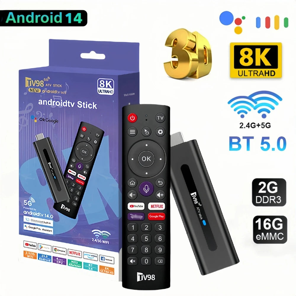 TV98 ATV 8K Smart TV Stick Android 14 ATV Allwinner H313 2.4G 5G Wifi Support OTA 4K Player BT5.0 2GB 16GB Voice remote TV Box