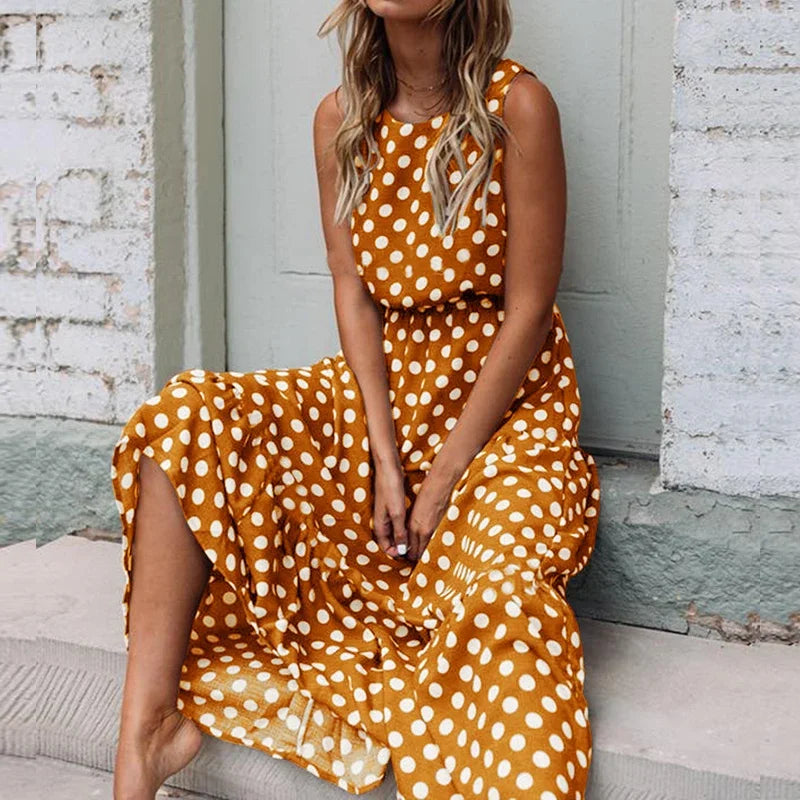 Customized Summer Sleeveless Polka Dot Print Midi Dress Casual Women Fashion Dresses A-Line Boho Elegant Brown Long Dress