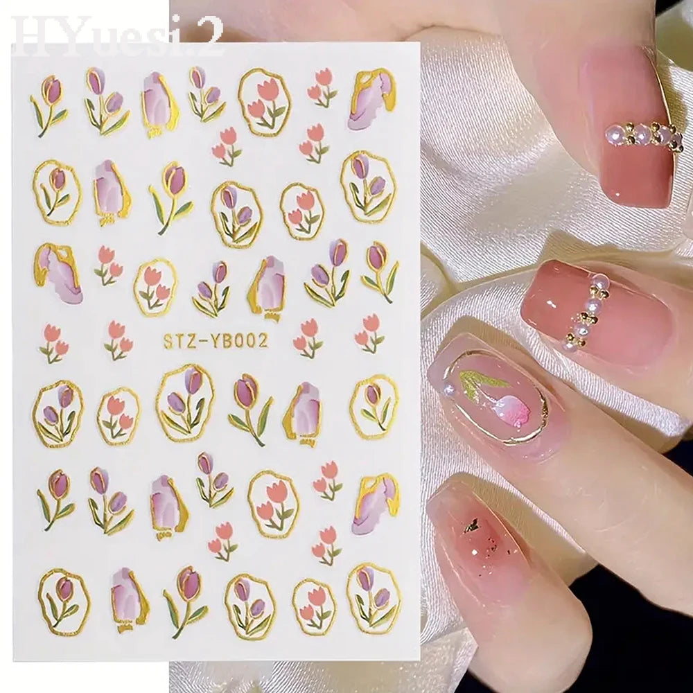 3D Tulip Flowers Nail Stickers Self Adhesive Embossed Nail Art Decals For Women Girls Summer DIY Manicure Decoration